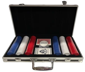 Texas Hold'em+ Poker Set 300 Chips, Dealer Chip, 2 Cards, Lined Aluminum Case - Picture 1 of 6