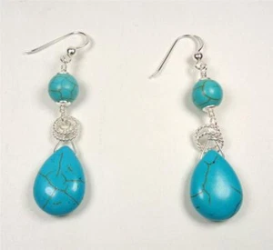 STERLING SILVER & TURQUOISE STONES WITH SILVER SLIDING RINGS DANGLING EARRINGS - Picture 1 of 4