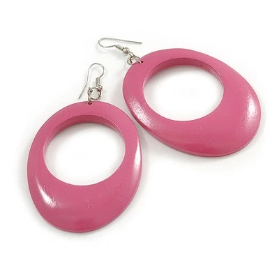 Pink Oval Wooden Hoop Earrings - 80mm Long (Possible Natural Irregularities) - Image 1 of 4
