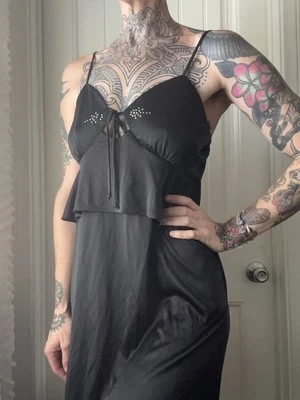 Vtg 70s Black Nylon Peplum Disco Dress Rhinestone Details Tie Front Keyhole S/M - Image 1 of 4