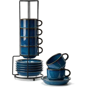 Espressotassen Set 6 Stück Keramik Reaktivglasur Blau für Kaffee Cappuccino L... - Bild 1 von 9