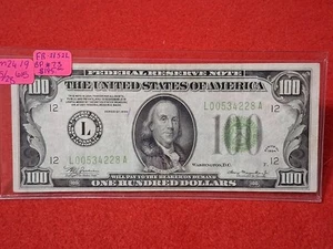 1934 $100 FEDERAL RESERVE NOTE Fr#2152L BP# 73 CIRC NO HOLES #MF-2419 - Picture 1 of 2