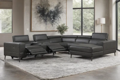 NEW Gray 136" Wide Modern Power 2-Reliners Sectional w/ Chaise Living Room Set - Image 1 of 4