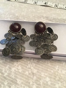 post earrings. Brown cabochon with flecks of gold. Money looking pieces dangle - Picture 1 of 4
