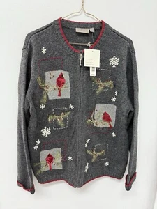 CROFT & BARROW Sweater Gray Wool Blend Full Zip Birds Cardinal NWT Large Fall - Picture 1 of 7