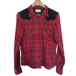 DENIM & SUPPLY Ralph Lauren Western Red Plaid Snap Button Lace Yoke Shirt Medium - Picture 1 of 9