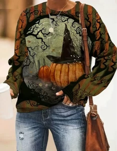 WOMENS HALLOWEEN PUMPKIN PRINT LONG SLEEVED CREW NECK SHIRT SIZE L AND XL - Picture 1 of 5