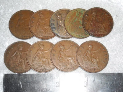 LOT of 9 WW2 Era Great Britain 1936 UK 1 cent LARGE Penny British COPPER   - Image 1 of 4