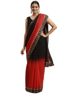 Women's Georgette Plain With Lace Saree with Unstitched Blouse Piece - Picture 1 of 71