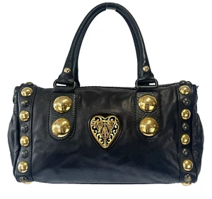 Vintage GUCCI Babouska Leather Boston Handbag Medium Black Gold Heart Charm - Picture 1 of 15