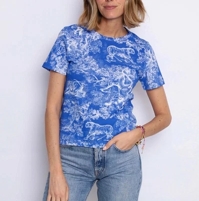 Dior - Riviera футболка - синий белый Toile de Jouy хлопок печати - XS - новый и ярлыки - Изображение 1 из 4