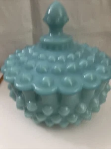 Vintage Fenton Turquoise Blue PASTEL Hobnail Milk Glass 1950’s Powder Jar RARE - Picture 1 of 9