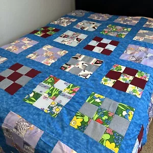 Trapunta vintage a mano anni '70~80 cotone e maglia 78"" x 94"" nove quadrati F/Q - Foto 1 di 17