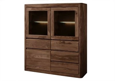 Highboard Glastüren Massivholz kleine Vitrine Holz massiv Sheesham 128x40x145 - Bild 1 von 4