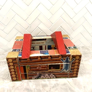 Vintage Fire Station Gas Log Cabin House Toy Building Blocks Puzzle Wood Litho - Picture 1 of 12