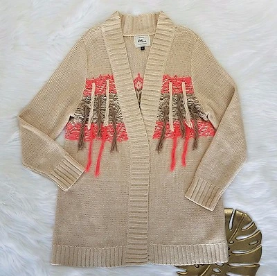 Cotton On Knit Wear Women Beige Orange Fringes Long Open Cardigan Sweater Size L - Image 1 of 4