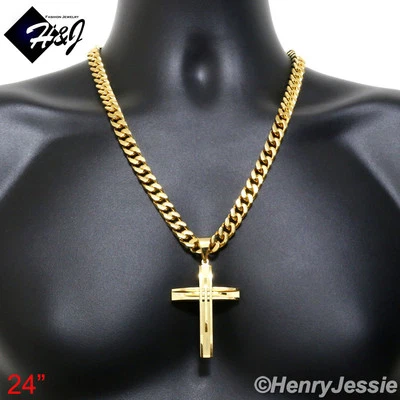 Colgante Cruz Collar Eslabón Cubano Chapado en Oro 9mm Acero Inoxidable HOMBRE 24"*A Foto 1 de 4