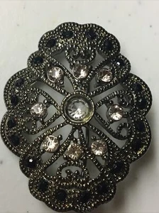 Vtg Solid Victorian Silver Tone Clear Rhinestones Black & Bright Pin Brooch - Picture 1 of 9