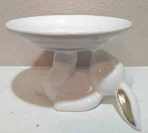 White With Gold Ears Easter Bunny Rabbit Pedestal Plate Or Candle Holder - Picture 1 of 6