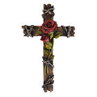 Rose Flower Wall Cross Faux Wood Look Barbed Wire Hand Painted Polyresin 10 x 6