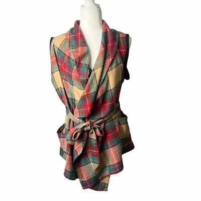 Chaleco Grace de encaje con cuello chal manta envoltura a cuadros envoltura bolsillo cinturón Foto 1 de 4