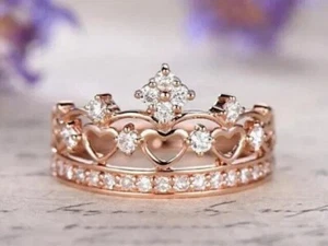 1.20 Ct Round Cut Simulated Diamond Crown Engagement Ring 14k Rose Gold Plated - Picture 1 of 4