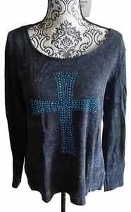 Rock Republic L Top Thermo schwarz grau blau Strass Cross Long Slv Shirt Lg - Bild 1 von 7