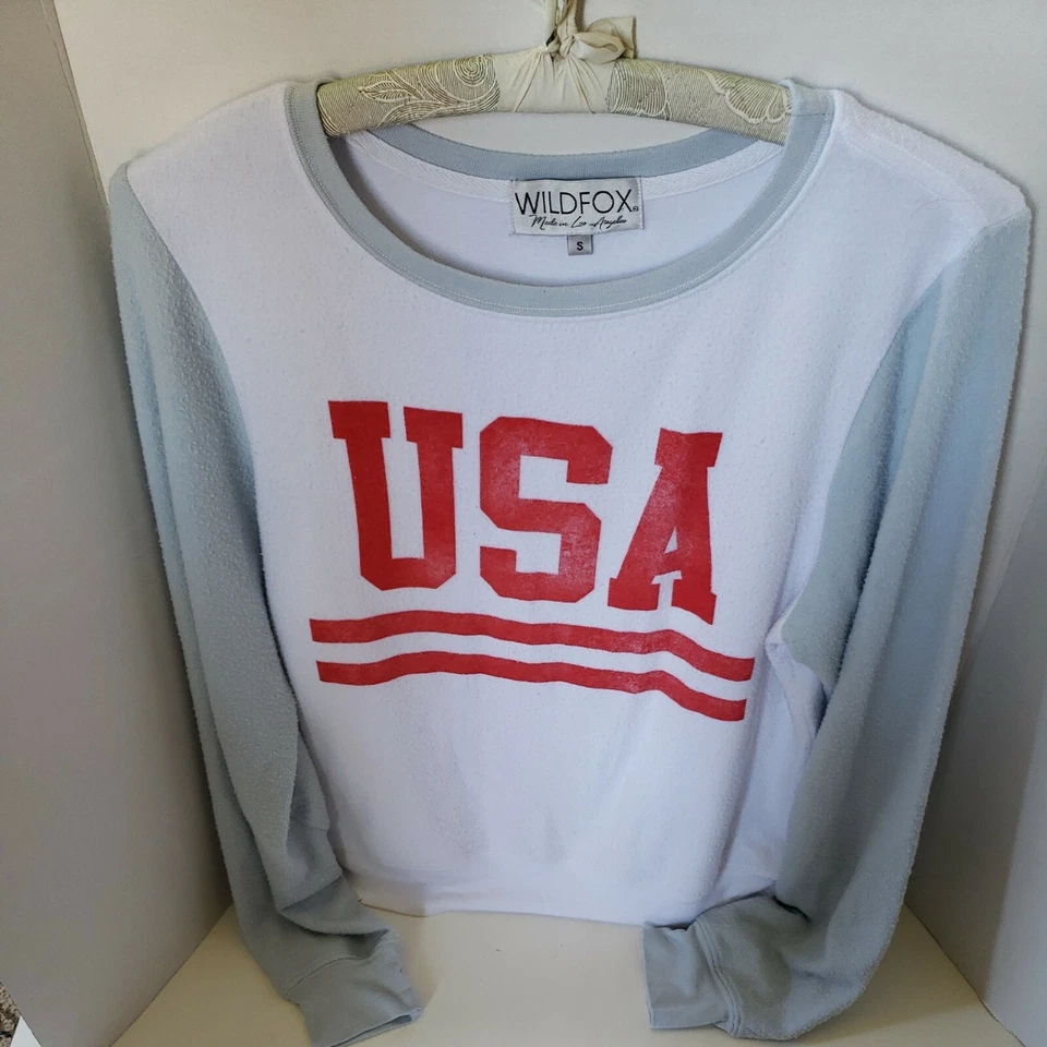 Suéter pulôver retrô Wildfox Team USA Patriotic malha slub escovada S EUA - Imagem 1 de 4