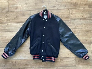 LEADER Letterman Jacket  Snap Front  Black Leather Sleeves  Black  Large  NEW - Picture 1 of 6