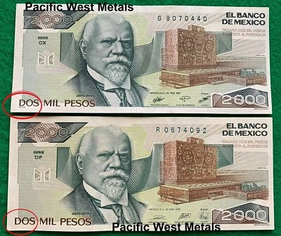 1987 & 1989 2000 Pesos Mexico Banknote BdM With and W/O SANTANA Initials Billete - Image 1 of 3