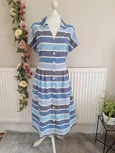 BODEN BLUE MIX STRIPED LINEN & COTTON SUMMER SHIRT DRESS WITH POCKETS 18 L - Picture 1 of 6