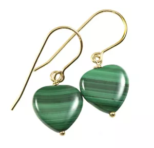 14k Gold Malachite Earrings Simulated Green Smooth Simple Teardrops Sterling - Picture 1 of 10