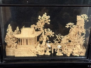 Chinese Hand Carved Cork Diorama Shadow Box Asian Art Pagoda Cranes Tree Vtg 3D - Picture 1 of 6