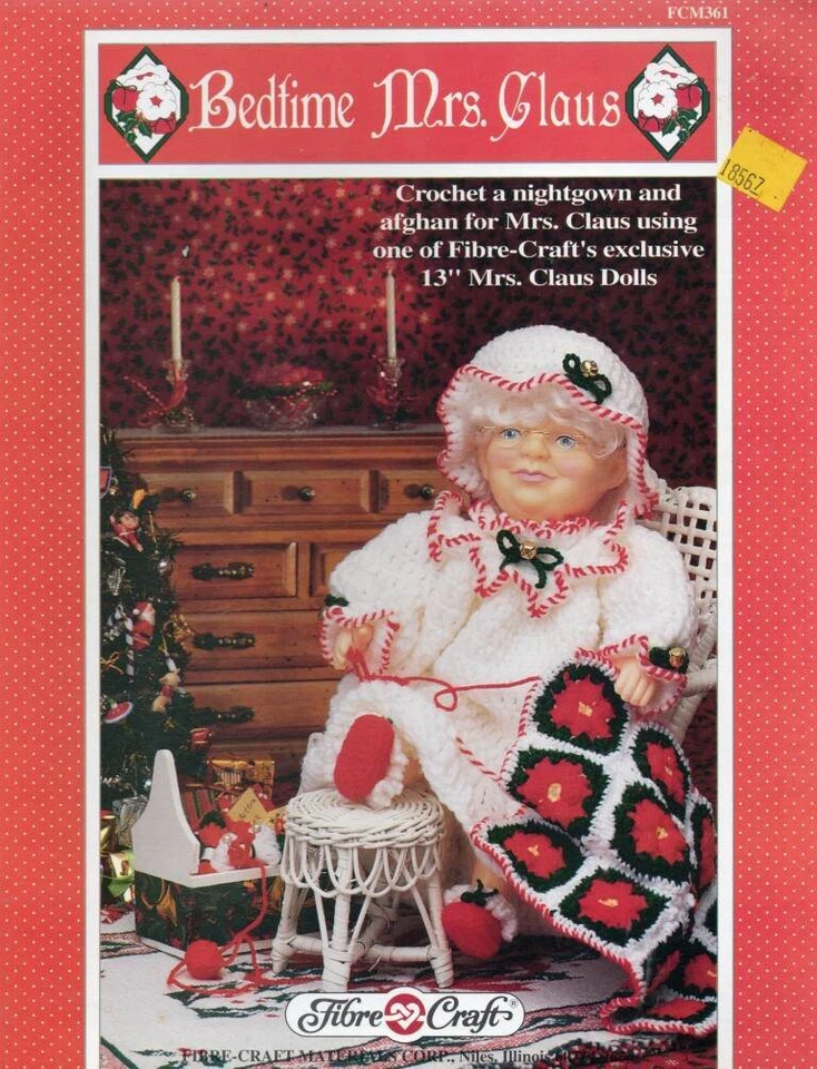 OOP!!! CROCHET BEDTIME MRS. CLAUS NIGHTGOWN & AFGHAN FOR 13" DOLL - Image 1 of 1