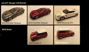 Lot of 5 Burago 1:43 Diecast Corvette Mustang Mini Cooper S with boxes - Picture 1 of 22