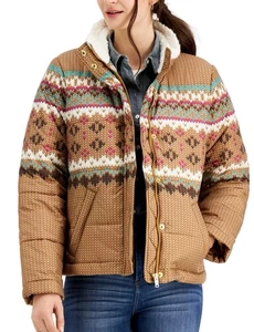 Charter Club Fair Isle Zip Up Puffer Jacket Size XL Camel Faux Sherpa Trim $150 - Picture 1 of 10