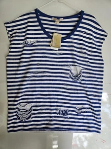 Michael Kors Shirt Womens XL Urban Blue White Striped Distressed Tee Top NWT - Picture 1 of 6
