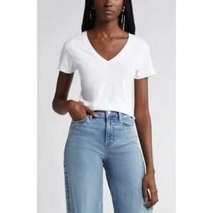 Nordstrom Modal Pima Cotton Short Sleeve Everyday V-neck T-Shirt Women's L White - Picture 1 of 7
