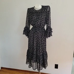 Misa Los Angeles Gordana Ruffle Midi Dress Medium Black Bell Sleeve Whimsigoth - Picture 1 of 18
