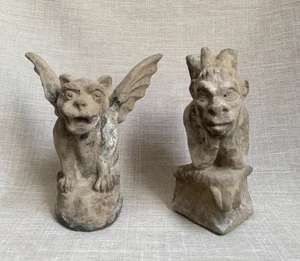 Vintage Paar gegossene zusammengesetzte geflügelte Notre Dame Gothic Wasserspeier Statuen Figuren - Bild 1 von 24
