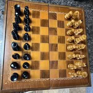 Vintage Wooden Chess Set - Portable Folding Travel Chess Board - Picture 1 of 16