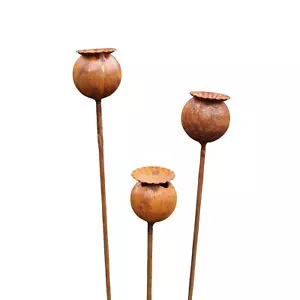 3er Set Gartenstecker Rost Mohn - Edelrost Gartendeko Mohnkapsel Metall Rostdeko - Bild 1 von 4