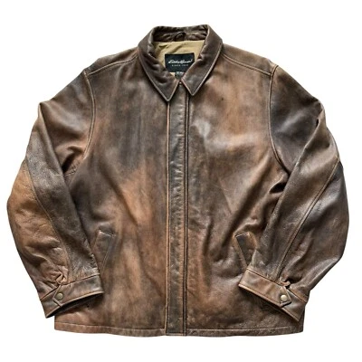 Eddie Bauer Genuine Leather Jacket Men's XXL 2XL Tall Brown Distressed Patina - Image 1 of 4