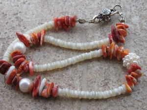 Southwest Heishi Spiny Oyster Pearls Sterling Silver Necklace – 17" Handmade - Picture 1 of 12