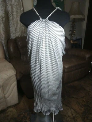  NUEVO CON ETIQUETAS Vestido Poleci Halter 100% Seda Forrado Rayas Talla Pequeña Foto 1 de 4