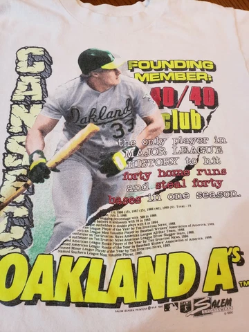 vntg 1990 Jose Canseco "40/40 Club" MLB Oakland A's tshirt, size YM (34") Cover