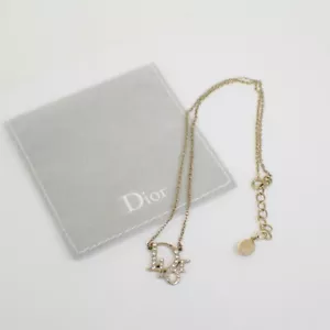 CHRISTIAN DIOR Logo Pendant Charm Necklace Rhinstones Gold Accessory 07FB363 - Picture 1 of 8