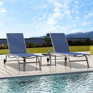 3Set Poolside Patio Chaise Lounge Outdoor Chair W/5 Position Backrest Blue+Table - Picture 1 of 5