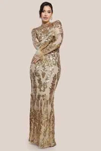 Goddiva Abendkleid Pailletten gold hochgeschlossen Federmanschette Party Gr UK 18 - Bild 1 von 4