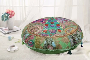 Large Green Vintage Patchwork Floor Pillow Cover 28 in Round Cushion Cover - Picture 1 of 7